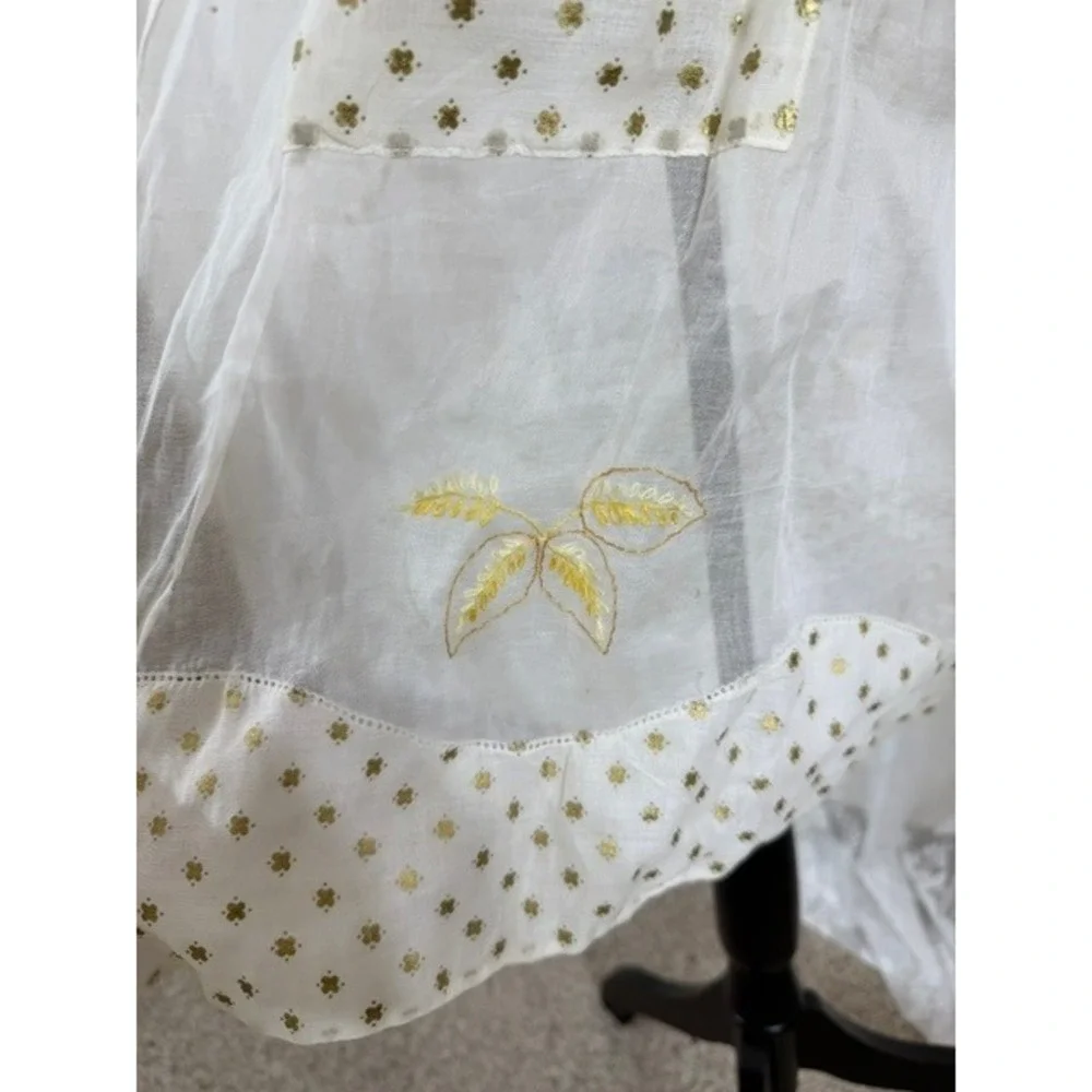 Vintage 1940s Sheer White Half Apron Gold Foil Clover Yellow Floral Embroidery